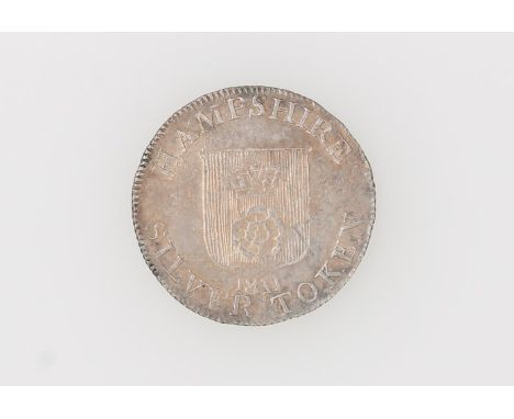 19th century silver Shilling token - Hampshire 1811 R / A Sloop Sailing (Davis 2).  GVF (1 coin)