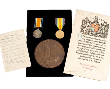 First World War memorial plaque, named to Albert Edward German, together with War and Victory medals, named to 207955 PTE. A.