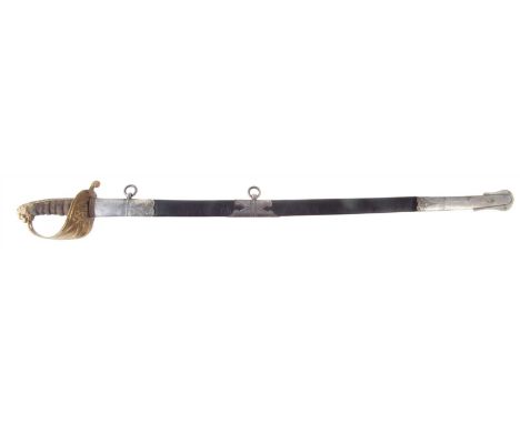 Royal Navy Officers sword, 1827 pattern with lion head pommel and folding guard, together with a leather scabbard of similar 