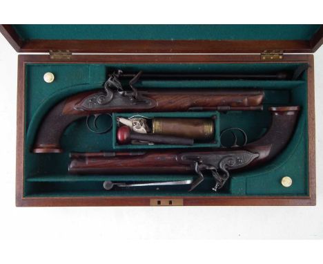 Pair of William Bond 16 bore officer's pistols in later case, 9" barrels with top flat terminating in a star engraved '59 Lom