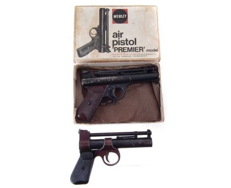 Webley Premier .22 air pistol in box, serial number 1500, top barrel catch broken, also a Webley Junior .177 air pistol seria