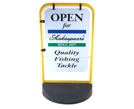 Shakespeare enamel Fishing Shop Sign, with clip on 'Fresh Bait' sign, in box, the sign measures 80cm x 53cm