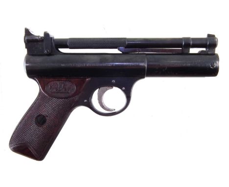 Webley Senior .177 air pistol, serial number 525, 'D' stamped to trigger guard, 19cm long. No licence required to buy this it