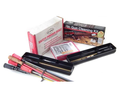Reloading and cleaning equipment, to include three gun cleaning sets, various cleaning rods, a Lee .300AAC Blackout reloading