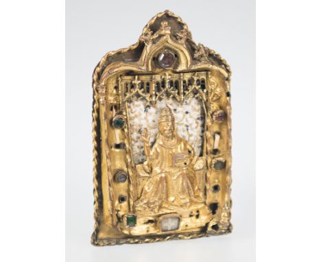 Imposing gilded copper, embossed, engraved, and enamelled pax-board&nbsp;with rock crystal cabochons and gemstones. Italy. Ci