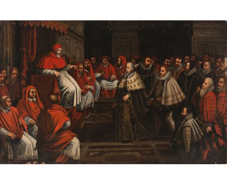 Viceroyalty school. Peru. 18th century.“Disquisitions of Pope Pius V with Philip II during the Council of Trent.”Oil on canva