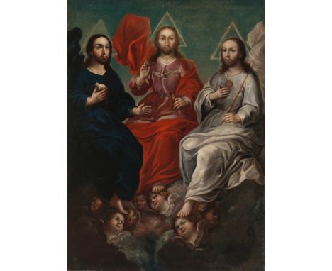 Attributed to Miguel Cabrera (Antequera de Oaxaca, Mexico, 1715 / 1720 - Mexico, 1768)"The Holy Trinity"Oil on canvas. Reline
