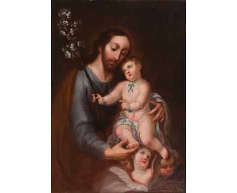 Miguel Jeronimo de Zendejas (Puebla de los Angeles, Mexico, 1724 - 1816)"Saint Joseph and Child"Oil on canvas. Signed, dated 