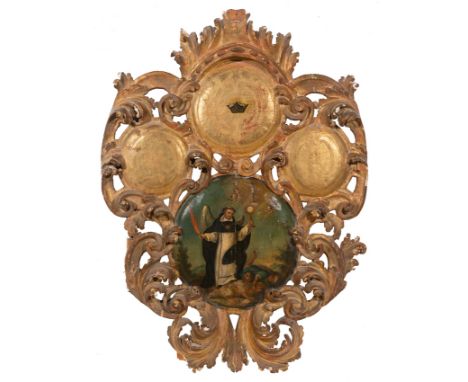 Novo-Hispanic school. Mexico. &nbsp;18th century.Table-blazon or crowning piece of a reredos, depicting St. Thomas Aquinas”.1