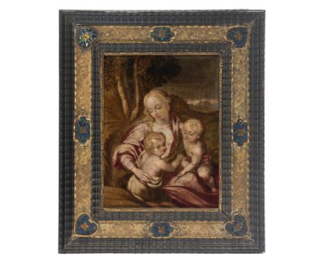 Italian School. 16th century."The Madonna and Child with the Infant Saint John"Oil on copper.23 x 17,5 cm.In an imposing fram