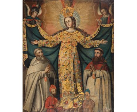Viceregal School. Cuzco. Peru. 18th century.“Our Lady of mercy&nbsp;with St. Peter Nolasco and St. Raymond Nonnatus and archa