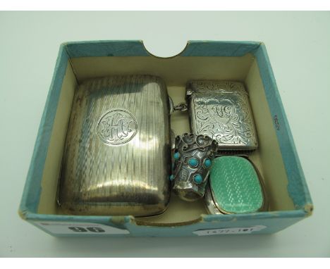A Small Hallmarked Silver Cigarette Case, inscribed inside "From the Boys 12th April 1923", engine turned and monogrammed; a 