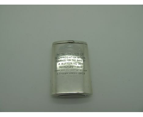 A Hallmarked Silver Vesta Case, Birmingham 1925, engraved "Mr Donald Walker in appreciation of his courage for the sake of a 