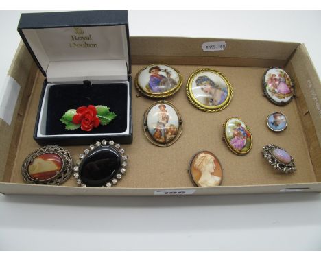 A Collection of Assorted Brooches, including Royal Doulton ceramic flowers, portrait panel brooches, Limoges, oval shell carv
