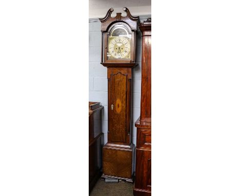 A mahogany inlaid eight-day longcase clock, later dial bearing an inscription Charles Cock