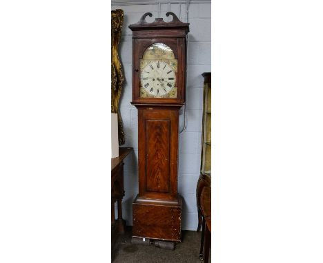 An eight day striking longcase clock with 14'' painted arch top dial, signed Jas Gibb, Strathaven in stained pine case