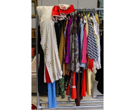 Assorted circa 1940-70s and later clothing including day wear, coats, dresses, Elvis white studded theatrical costume etc (on
