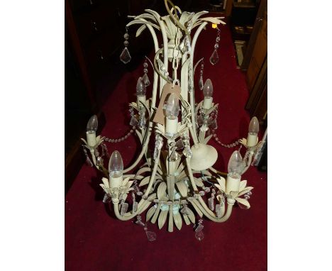 A reproduction whitewashed metal two-tier nine-light electrolier, h.75cm