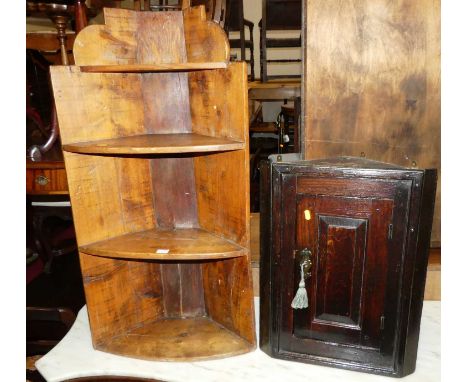 A rustic stained pine open four tier corner shelf, together with a 19th century provincial joined oak small single door hangi