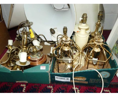 Assorted lamps, to include alabaster table lamp, lacquered brass lanterns, ceiling pendants etc 