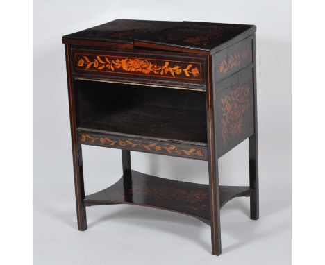 A 19th century Dutch walnut and floral marquetry bijouterie cabinet, the top inlaid with a pair of vases issuing flowers and 