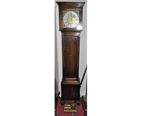 A 1930s oak longcase clock, the silvered and brass square dial signed A.E. Hopper, York, with three weights and pendulum, h.1