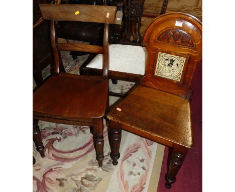 A mid-Victorian oak panelled seat hall chair, with ceramic inset tile titled "Much Ado About Nothing", together with a furthe