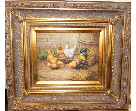 After Edgar Hunt - Chickens in a farmyard, oil on panel, 19x24cmNo damage to picture or front, frame with possible woodworm, 