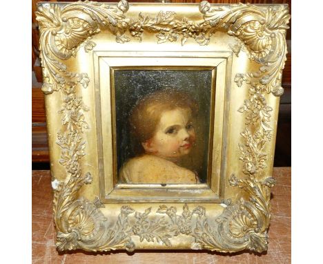 Circa 1800 English school - Head and shoulders portrait of a young child, oil on panel, 15.5 x 12cmPlease see extra images