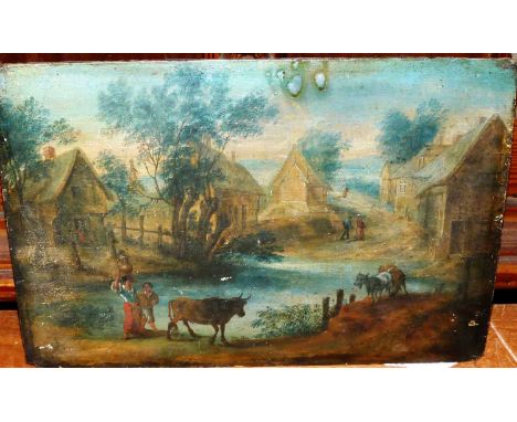 19th century continental school - Figures and livestock around the village pond, oil on panel, 21 x 31cm 