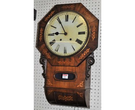 A mid-Victorian figured walnut and floral satinwood inlaid octagonal drop trunk wall clock, height 56cm