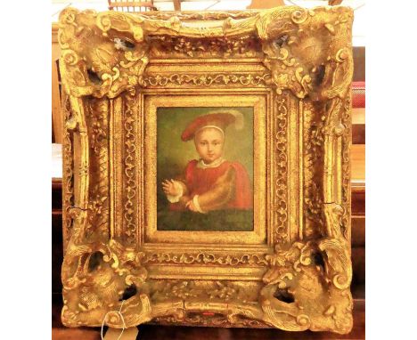 After Hans Holbein - Edward VI as a child, contemporary oleograph on panel, bears signature Mucchi, 24 x 19cm, in heavy gilt 