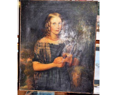 Mid 19th century English school - half length portrait of a young girl with puppy, oil on canvas, 86x70cm, unframed