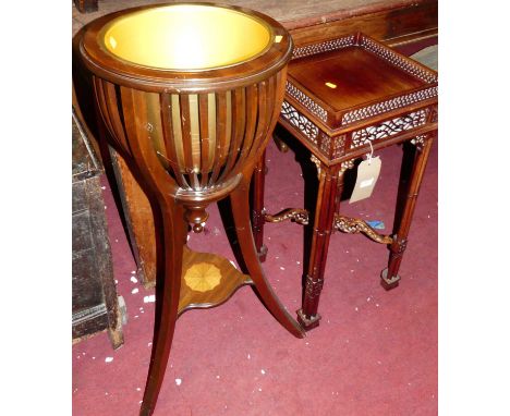 A mahogany fret cut square silver table, in the Chippendale taste, width 33cm, together with a contemporary mahogany circular