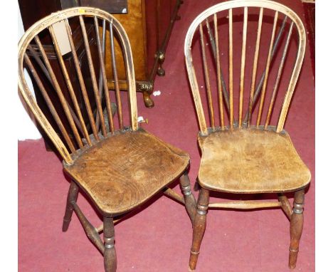 Three early 20th century elm seat and beech stick back kitchen chairs