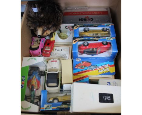 A box of model cars, some in original boxes, together with a Steiff hedgehog and boxed pens