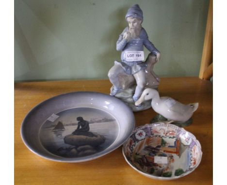 A Royal Copenhagen dish, Royal Copenhagen duck, a Nao figure &amp; an Oriental dish a/f