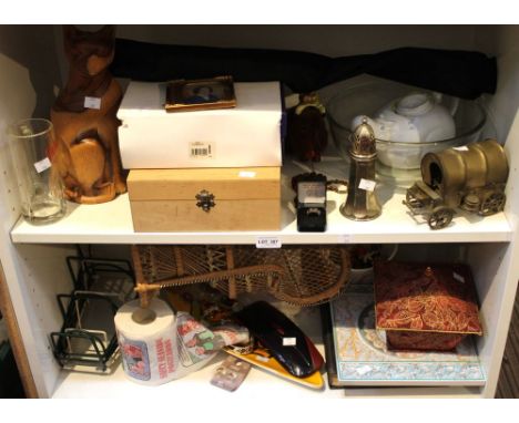 Two shelves of useful and collectible items to include glassware, novelty teapot, Poole pottery dish etc&nbsp;