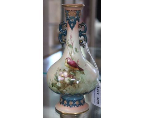 A Hadley's Worcester faience vase with hand painted bird decoration, 16cm high
Condition: no chips or cracks, no discernible 