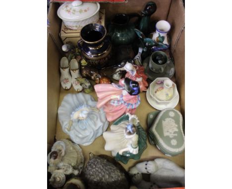 Four Royal Doulton Ladies, including; "Goody Two-Shoes" and other items of ceramic wares, and a white pottery jardiniere on s