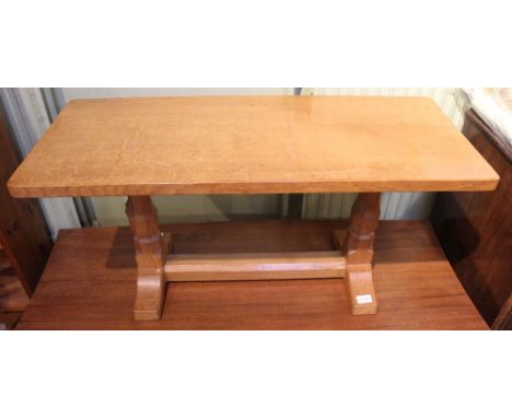 An excellent example of the extremely popular 3&prime; solid oak refectory style coffee table by Robert &lsquo;Mouseman&rsquo