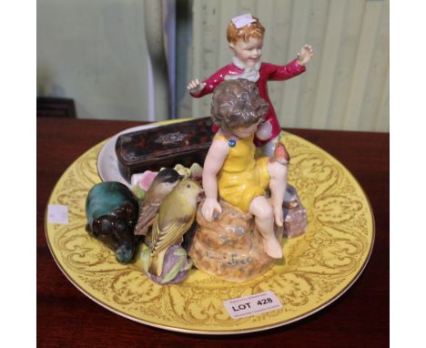 A Royal Worcester floral plate, two unmarked Doughty design figurines, and other items
Condition: both figurines okay, no cra