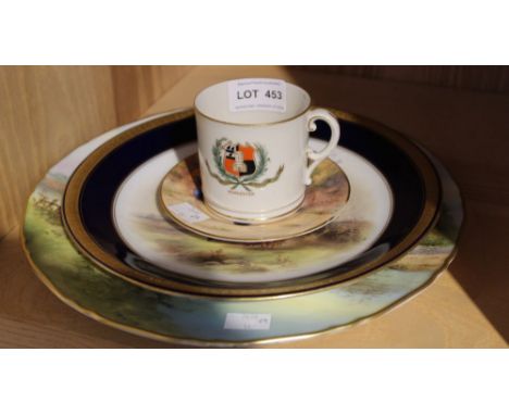 Four pieces of Royal Worcester ceramic, includes a plate decorated with Worcester Cathedral, a fruit painted small cabinet pl