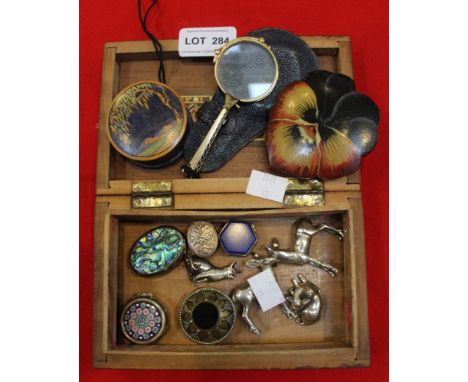A collection of 800 white metal animals, various snuff boxes, and a pair of lorgnettes, in decorative box