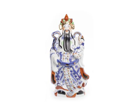 LARGE 20TH CENTURY CHINESE CERAMIC FIGURE GROUPmodelled as a man holding a child, the child holding a sceptre, painted in blu