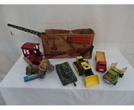 A quantity of vintage tin plate & Tonka toys to incl tipping truck, "modern toys" tank & boxed Marx Moble crane truck