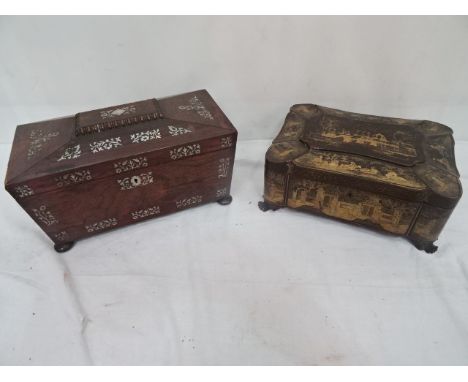 A William IV rosewood tea caddy; together with a gilt 19th century Chinoiserie sewing box
