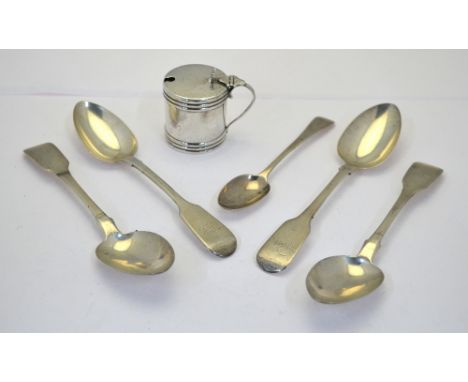 Three William IV silver fiddle pattern dessert spoons, William Welch II, Exeter 1835, to/w a similar Victorian spoon (London 
