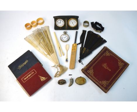 A leather-cased travel clock/barometer, to/w a nickel large pocket watch, an autograph album with signatures, including Arthu