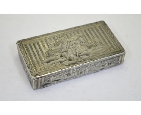 An Imperial Russian 84 zol snuff box, the hinged top engraved with a courting couple, the sides with city landscapes and the 